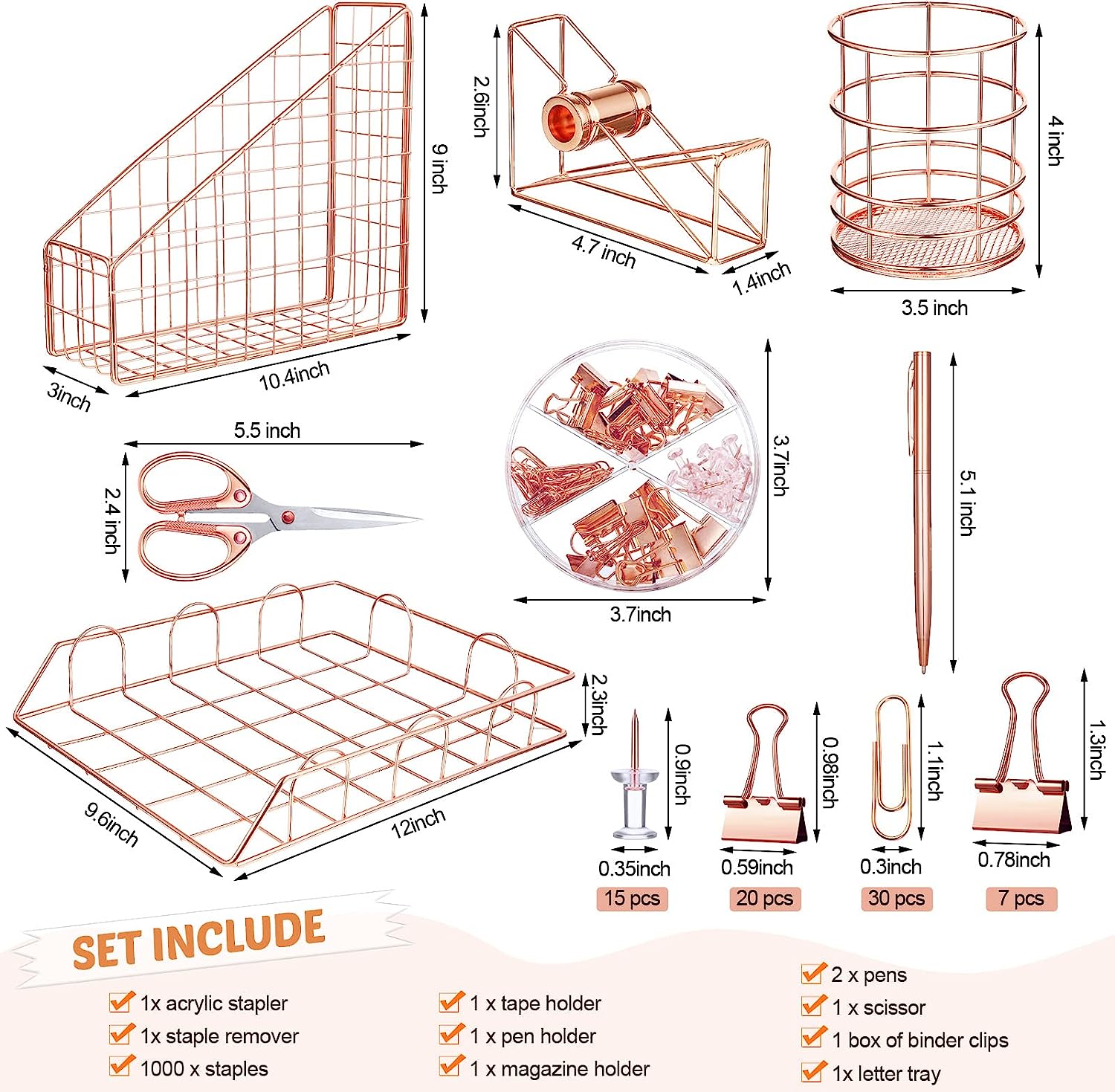 Rose Gold Desk Accessories Office Supplies Set, File Holder, Magazine File Organizer, Pen Holder, Stapler, Staple Remover, Staples, Tape Dispenser, Ballpoint Pen, Scissor, Binder Clips for Office - Image 2